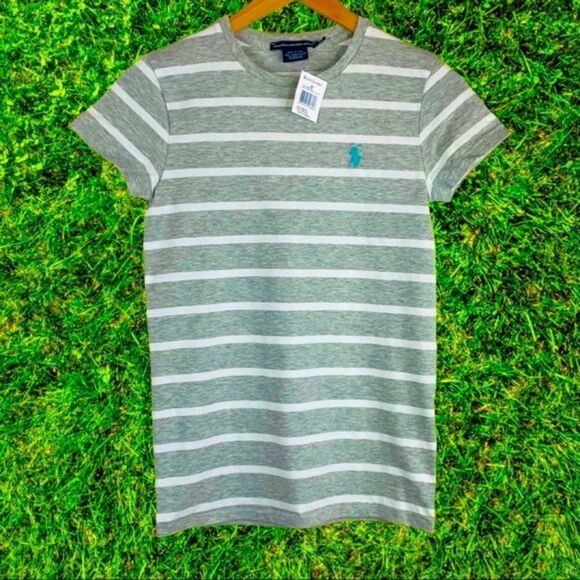 Ralph Lauren Heather Gray and White Striped Cotton Tee with Turquoise Logo - Picture 4 of 10